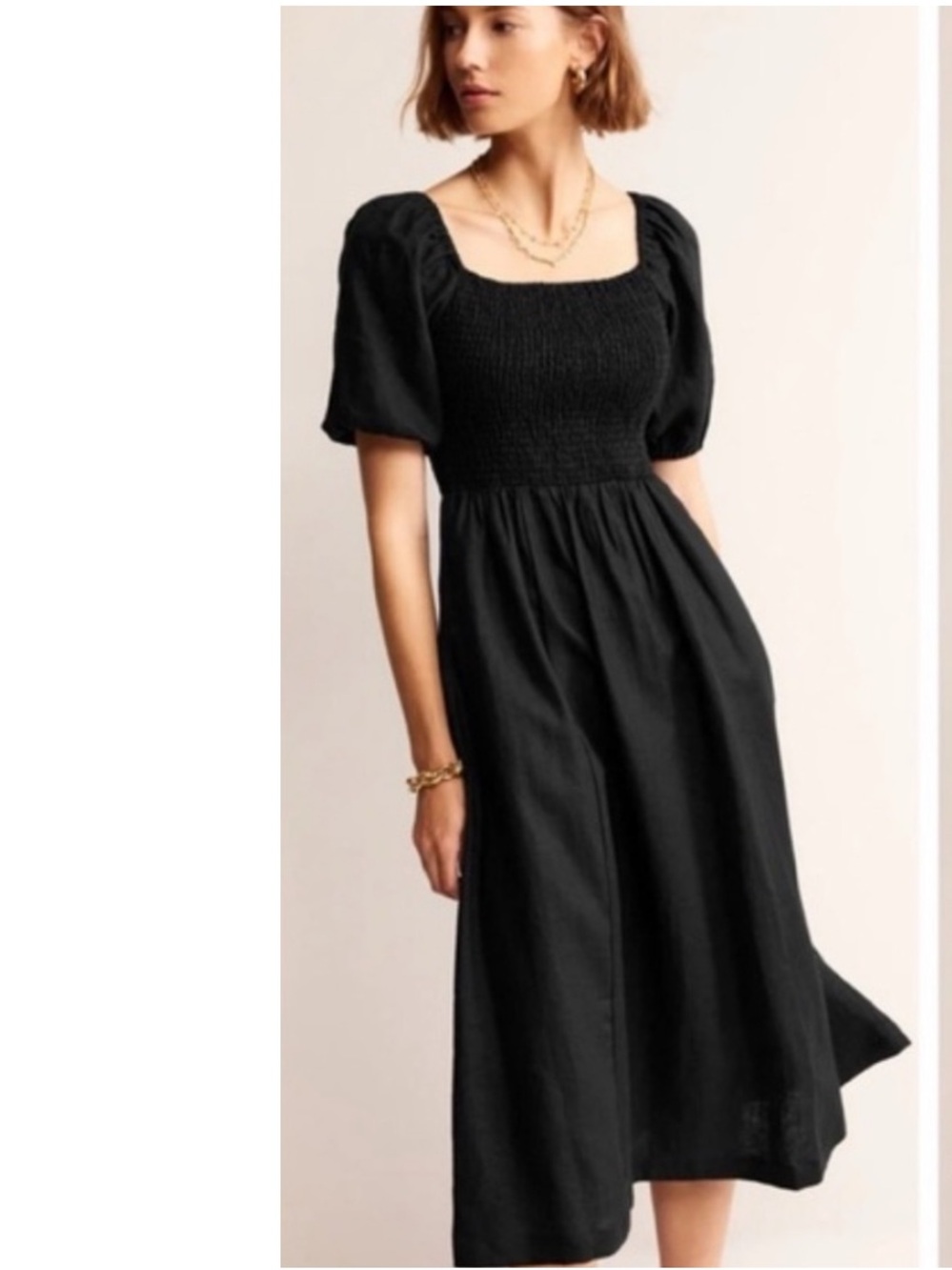Boden 100% Linen Smocked Midi Dress in Black